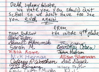 A note classmates presented to Halcote Monday.